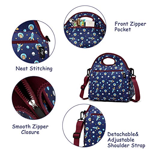 Kasqo Lunch Bag For Boys, Neoprene Insulated Kids Lunch Tote Children’s Lunch Box With Front Pocket And Detachable Adjustable Shoulder Strap In Unique Astronaut #TOP4