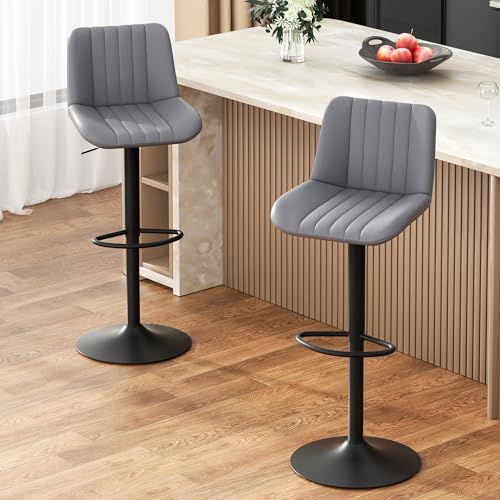 Image of JAMFLY Modern Leather Bar Stools - Swivel & Height-Adjustable Bar Chairs with Footrest, Ergonomic Design for Kitchen Island, Home & Commercial Bar - Set of 2, Grey