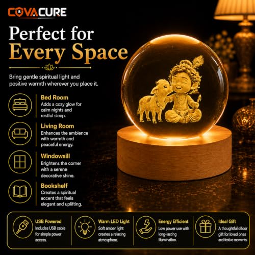 Image of COVACURE 3D Little Krishna Idol Crystal Ball Night Lamp, 2.4 Inch Bal Roop Idol Laddu Gopal Lord Krishna Crystal Ball Night Light for Home & Office Desk Decor, Birthday Gift, Spiritual Showpiece