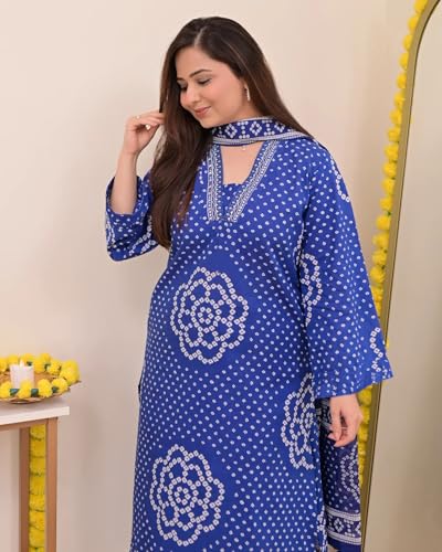 Image of Klosia Women Pure Cotton Kurta Pant Set with Dupatta | Bandhani Print Kurta Sets for Women | Comfortable Suit Sets|Regular Fit