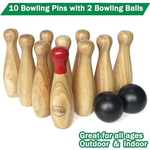Jac & Mok Bowling Set -Kegelspiel aus Holz - Dosenwerfen Bowling Spiel Outdoor & Indoor Spielzeug (10 Kegel und 2 Bälle, 20cm Höhe)