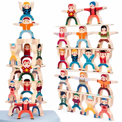 Image of Wooden Human Balancing Toy | 16 PCS | Montessori Stacking Blocks, Balance Tower Game, Brain Development & Fine Motor Skills Indoor Educational Gift Set for Kids 3-5 Years