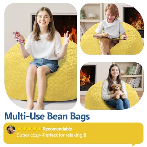 Image of 2FT Bean Bag Chair,Giant Bean Bag Chairs for Adults,Big Bean Bags with Memory Foam Filled, Large Beanbag Chairs with Chevron Plush Cover-Yellow
