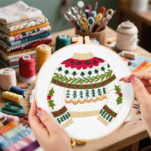 Image of Crafmanoe Christmas Embroidery Kits for Beginners Embroidery Stitches Practice Kits for Adults, Christmas Cross Stitch Kits for Beginners Craft Kits, Embroidery Hoops, Fabric, Threads & Video Tutorial