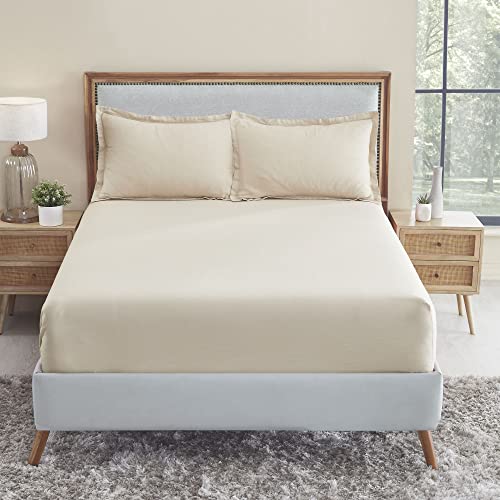 Image of TRIDENT Namaste King Size Solid Fitted Sheet Set- 100% Cotton- 3-Piece Sheet Set with 2 Pillowcases-Superior Softness- 150 TC-Fitted bedsheet- Linen Look- Sustainable (Sesame Brown)