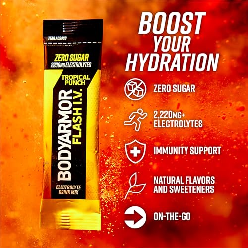 Image of BODYARMOR Flash I.V. Electrolyte Packets,Tropical Punch,Zero Sugar Drink Mix, Single Serve Packs, Coconut Water Powder, Hydration for Workout, Travel Essential, Just Add Sticks to Liquid (Pack of 90)