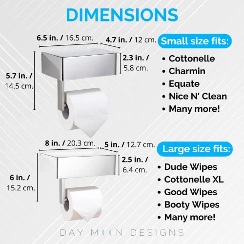 Day Moon Designs Toilet Paper Holder With Shelf - Flushable Wipes Dispenser & Storage Fits Any Bathroom, Keep Your Wet Wipes Hidden - Stainless Steel Wall Mount Bathroom Organizer - Chrome, Large #TOP2