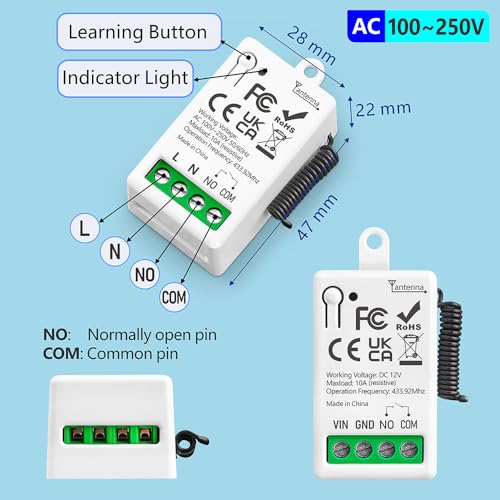 Miniatura 7 de Eunnacotop Interruptor De Mando A Distancia Control Remoto Inalámbrico Ac 220v, Remote Control Switch Con Relés Y 2 Transmisores, Para Cerraduras De La Puerta De Garaje Del Motor Y Luces