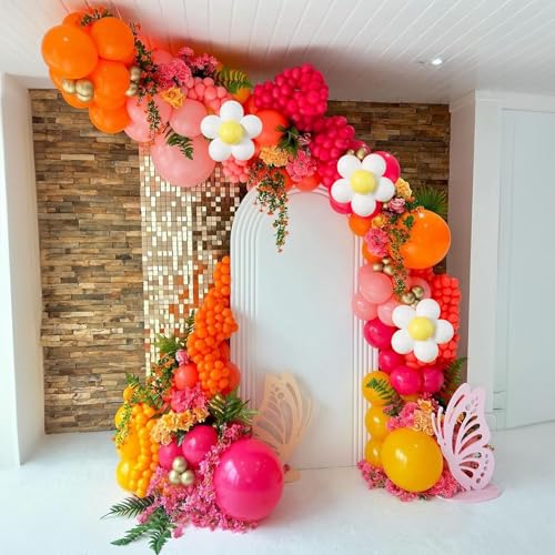 Image of Boho Daisy Balloons Arch Kit, 142Pcs Hot Pink and Orange Balloons Garland Kit 12 10 5 Inch Pink Orange Yellow Latex Balloons for Boho Girls Women Birthday Baby Shower Wedding Party Decoration