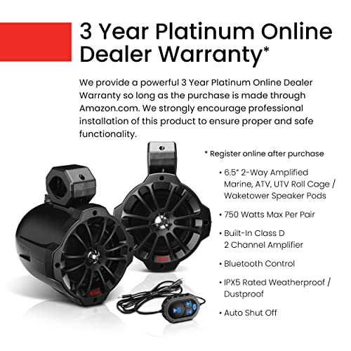 Image of BOSS Audio Systems B62ABT ATV UTV Marine Weatherproof Waketower System - Amplified, 6.5 Inch Stereo Speakers, Full Range, 2 Way, Tweeters, Bluetooth, IPX5 Rated, Sold in Pairs, for Boat, Wake Tower
