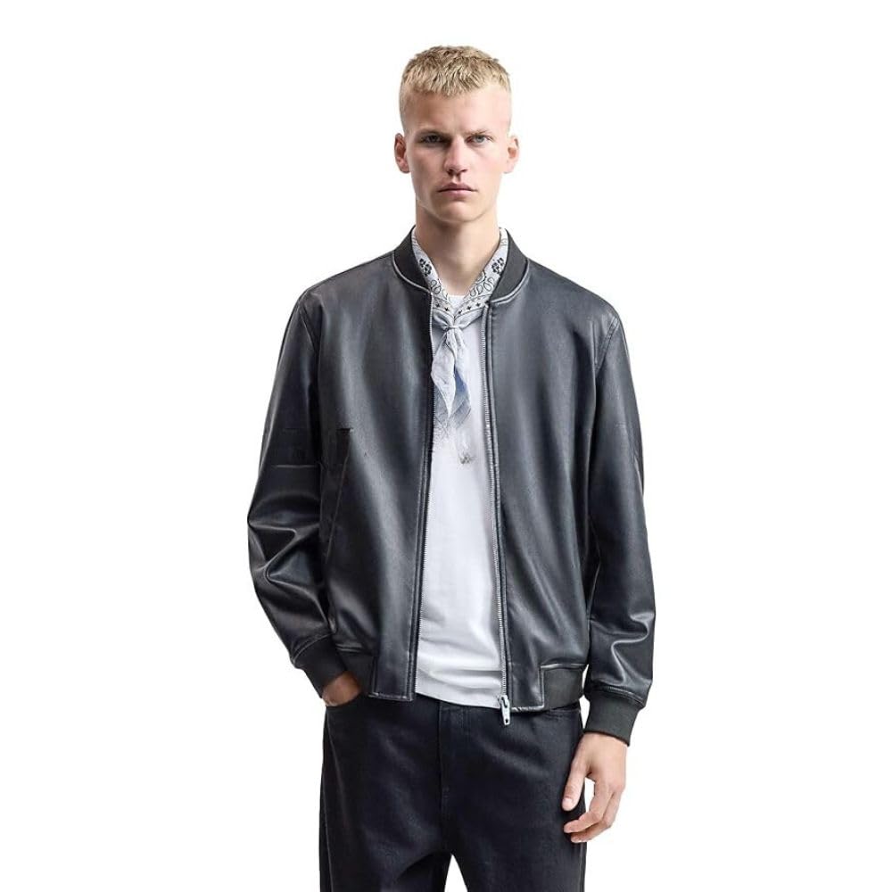 Men's Faux Leather Jacket Grip Style Color Black Chinese Rib Collar Jacket-picture-13