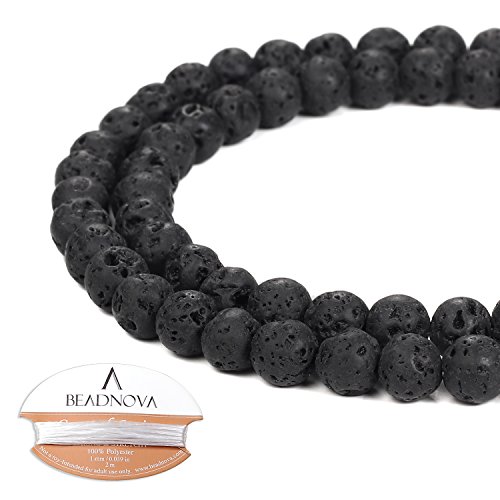 Image of BEADNOVA Black Lava Beads Natural Crystal Beads Stone Gemstone Round Loose Energy Healing with Crystal Stretch Cord for Jewelry Making (6mm, 60-62pcs)