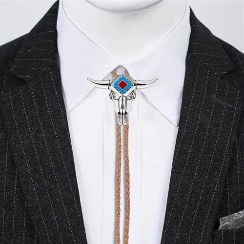 Image of GelConnie Longhorn Bull Bolo Tie for Men Native American Western Cowboy Leather Necktie Bolo Necklace for Women Gold Texas