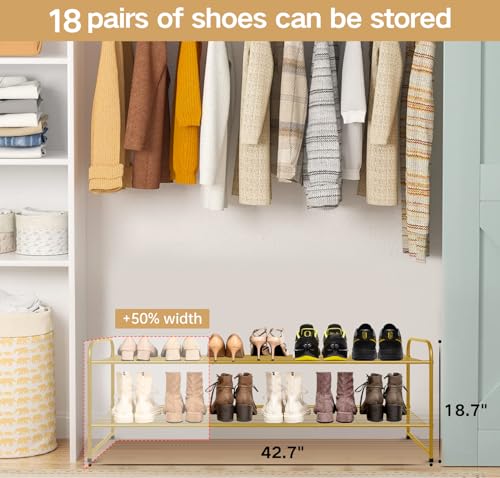 Image of KEETDY 2-Tier Long Shoe Rack for Closet Metal Shoe Organizer for Entryway, Wide Stackable Shoe Storage Shelf with Sturdy Wire Grid for Closet Floor, Bedroom, Gold