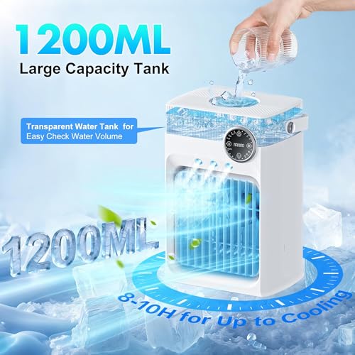 Image of Portable Air Conditioners, Mini AC Unit Cooling Fan for Bedroom,1200ML Small Air Cooler Fans with Remote, 3 Mist,3 Speed,8 Light,2-8H Timer Personal AC Portable for Office Camping Car Desk (White)