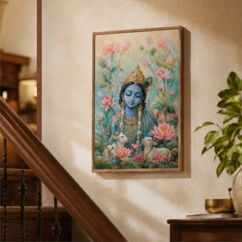 Image of Livin'luxe Lord Krishna Lotus Cow Wall Painting for Living Room Bedroom Kids Room Decor, Devotional Artwork with Sparkle Laminate and Premium Wooden Synthetic Frame (13.5 x 19.5 Inch) NM01-4115