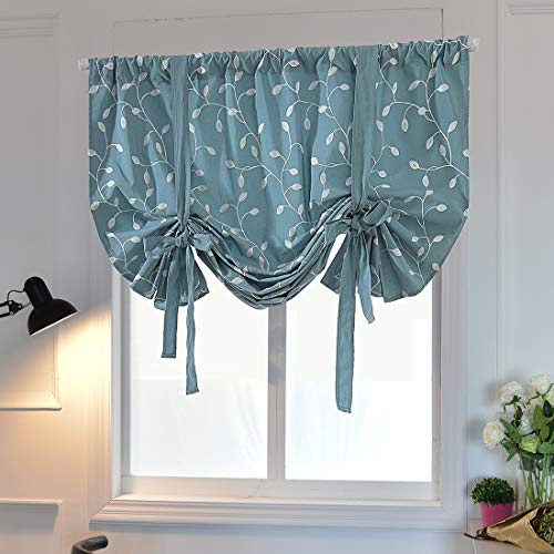 Vctops Leaf Embroidered Farmhouse Tie Up Shade Curtain Thermal Insulated Adjustable Balloon Curtain For Small Window Rod Pocket 1 Panel (31"X47",Blue) #TOP1