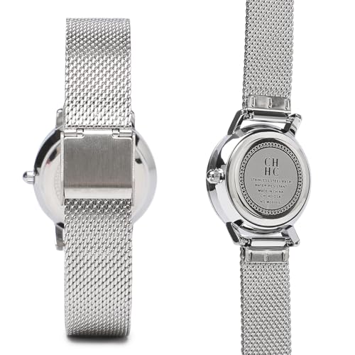 Gold Watches for Women, Dainty Small Round Dial, with Stainless Steel Bracelet Watchband, Analogue Watch with Day-Date Display, Mesh Strap (White)