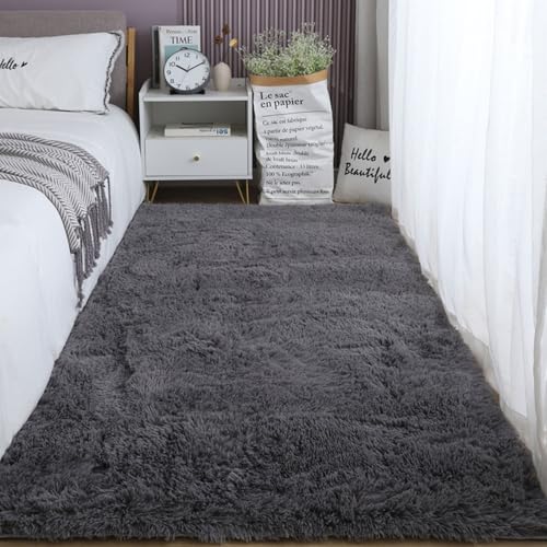 Tapis salon 90 x 200 cm gris antidérapant et lavable pour chambre douce - 2