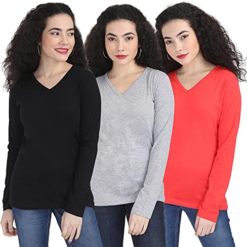 Image of FLEXIMAA Women's Cotton Plain V Neck Full Sleeve T-Shirt