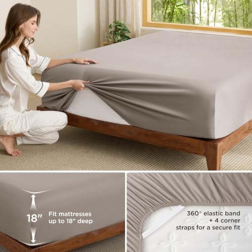 Image of Bedsure PureWoven Full Size Fitted Sheet, 100% Rayon Derived from Bamboo | Cooling Bottom Sheet for Hot Sleepers, Breathable & Soft, Deep Pocket Up to 18 inch, Secure Elastic Corner Straps, Simply Taupe