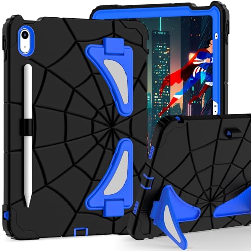 iPad A19 12th/A16 11th�i2026/2025�j�p�P�[�X ���߉\�ȃL�b�N�X�^���h�t�����ȃ^�u���b�g�P�[�X�A�ϏՌ����n�[�hPC + �V���R���J�o�[�A���M�X���b�g�A�w�K���l�̎d���p�̎q���ɗD�����f�U�C��(Black+Blue)