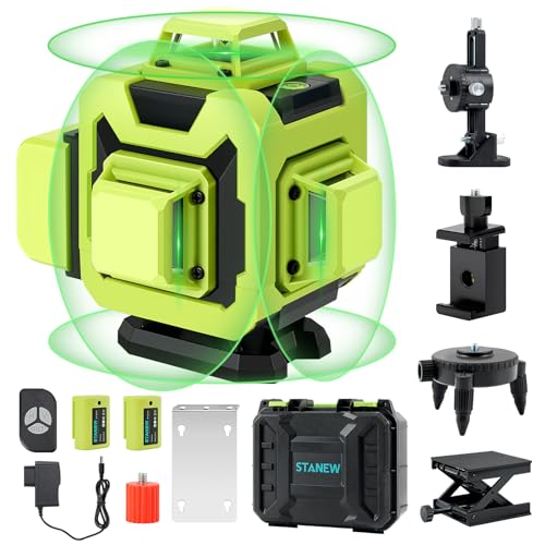 Niveau laser 4 x 360° STANEW,Autonivelant Niveau Laser Vert 4D 16 Line Ligne Laser Verte Horizontal et Verticale avec Télécommande Intégrée Batterie Rechargeable 2 * 2400 mAh