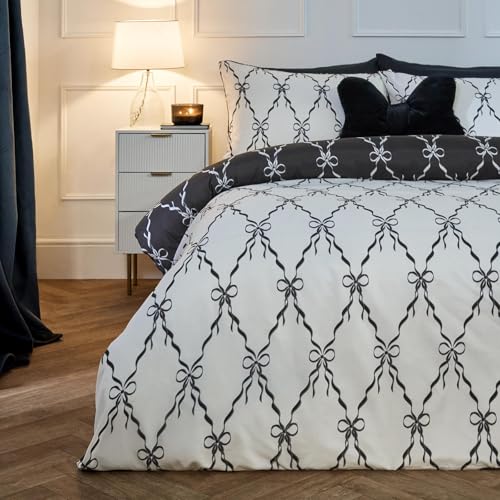 OHS Single Duvet Cover Set Girls, for Women Super Soft Warm Cosy Lattice Bow Bedding Comfy Microfibre Reversible Duvet Cover Single with Pillowcase, Monochrome