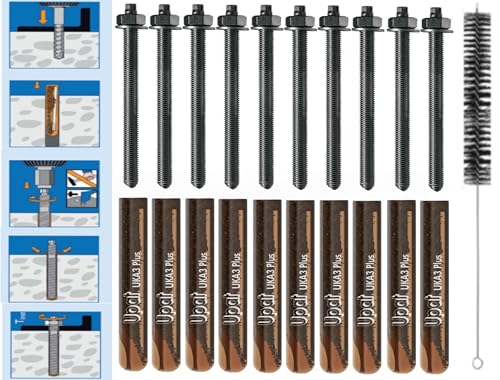 VERBUNDANKER SET M10x190mm EDELSTAHL A4-10x Glaspatronen M10 + 10 Ankerstangen M10x190mm A4 + Zylinderbürste/Klebeanker Ankerstangen Schwerlastbefestigung