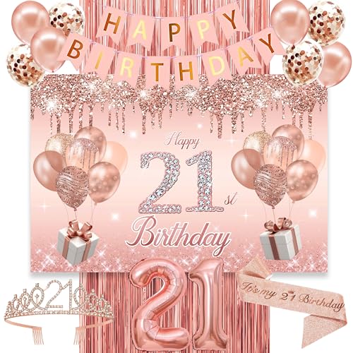 Image of 21st Birthday Decorations for her,Banner,Backdrop, it's my 21st Birthday Sash, Sweet Rhinestone Tiara Crown,Balloons