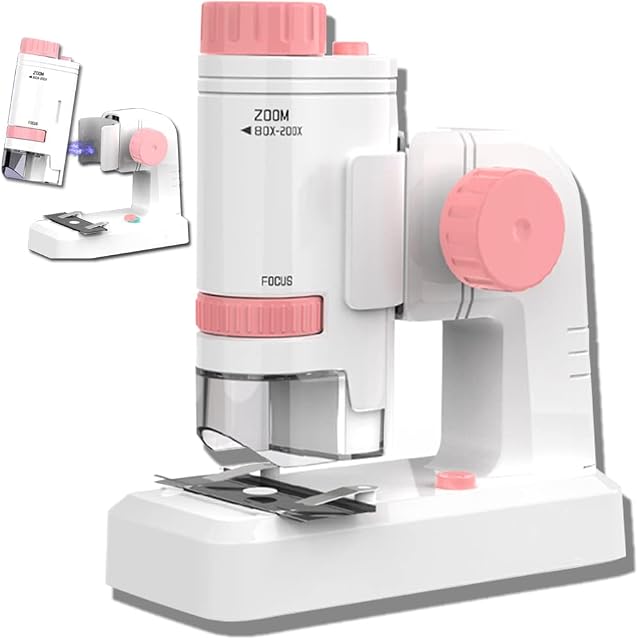 AiNinXun Portable Children Microscope Handheld Pocket Kids Microscope Boys Girls Science Gift 200x Monocular Microscope with Led Light Deatchable Microscope with Base for Student Beginners Observation