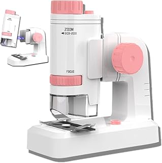 AiNinXun Portable Children Microscope Handheld Pocket Kids Microscope Boys Girls Science Gift 200x Monocular Microscope with Led Light Deatchable Microscope with Base for Student Beginners Observation