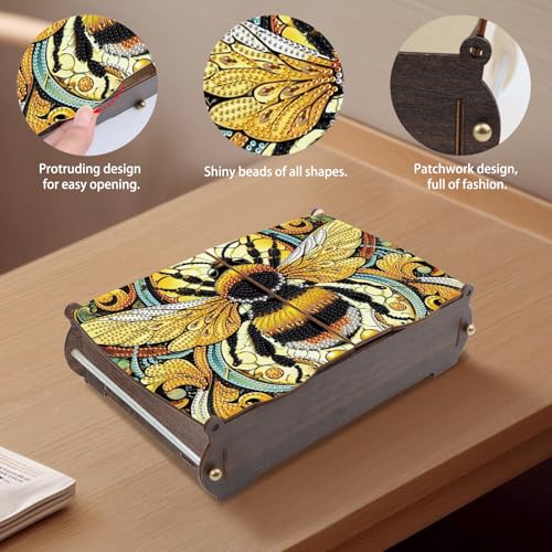 Image of MVVMTOP Diamond Painting Kit Wooden Storage Box, bee DIY Special Shaped Diamond Flip Cover Wooden Money Box, Handmade Art Desktop Decorations Birthday Gifts for Friends