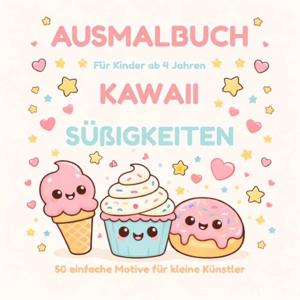 AUSMALBUCH FÜR KINDER AB 4 JAHREN KAWAII SÜSSIGKEITEN 50 einfache Motive für kleine Künstler: Kawaii Süßigkeiten Ausmalbuch mit 50 großen, einfachen ... & unterwegs (Kawaii Welt für kleine Künstler)