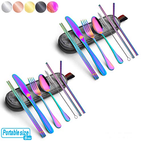 Rainbow Travel flatware set with Case Stainless Steel silverware Tableware Set,Include Knife/Fork/Spoon/Straw (Portable RB 2set)