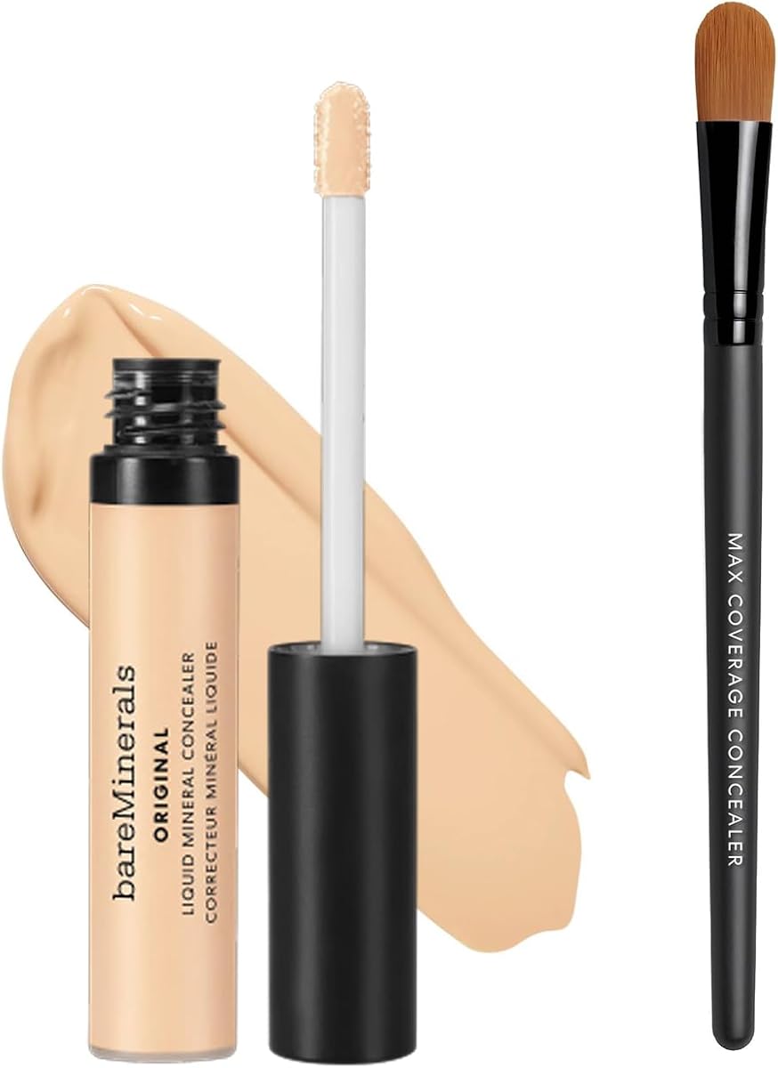 BareMinerals Corrector mineral líquido original, círculo oscuro iluminador + paquete de brochas correctoras planas de máxima cobertura