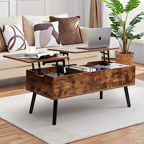 VOWNER Mesa de Centro, Mesa de Centro Regulable en Altura, Extraíble, Extensible, Compartimento de Almacenaje Oculto Independiente, Tablero Elevable Doble, Mesa de Sofá de Salón, Marrón Retro