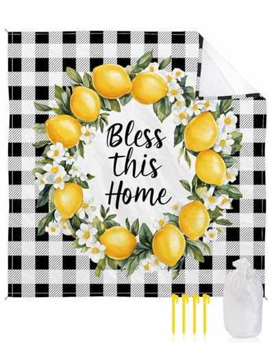 Beach Blanket Sandproof Waterproof Picnic Blankets Summer Farm Watercolor Lemon Extra Large Lightweight Outdoor Beach Mat with Corner Pockets for Travel/Camping/Hiking Classical Buffalo Check