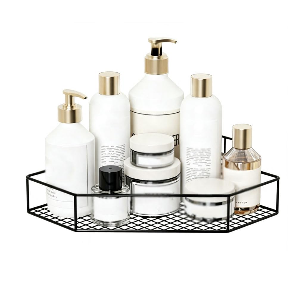 Mensola Doccia Senza Trapano in Metallo, mensola angolare da Parete a Triangolo, organizzatore per Bagno per Cosmetici e Prodotti di Cura, mensola per Bagno, Cucina, Toilette,Nero