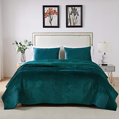 Barefoot Bungalow Riviera Velvet Quilt And Pillow Sham Set, 3-Piece Full/Queen, Teal #TOP2