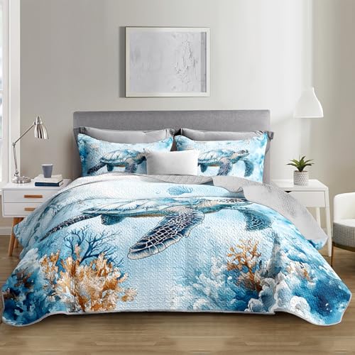 UEVBF Coastal Bedding Quilt Sets Full Size,Summer Blue Sea Turtles