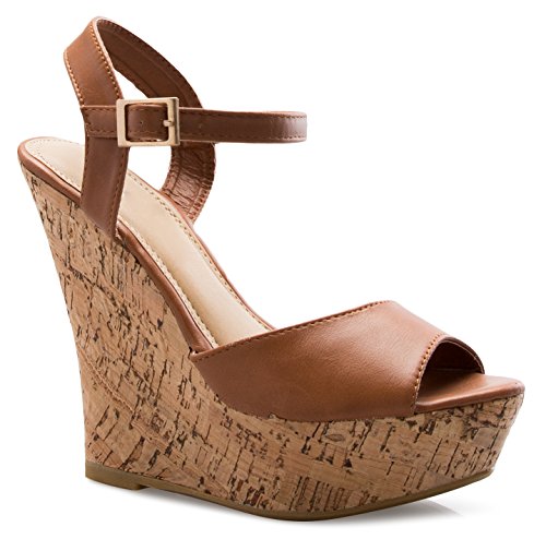 Olivia K Women's Open Toe Strappy High Wedge Platform Heel Wood Decoration Buckle Shoes Sandals