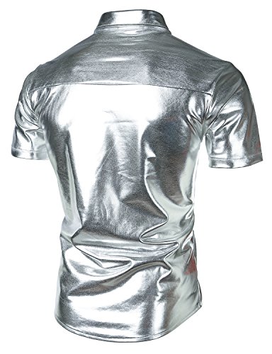 Jogal Men's 70S Disco Shiny Metallic Gold Silver Short Sleeve Button Down Shirts X-Large Silver #TOP1