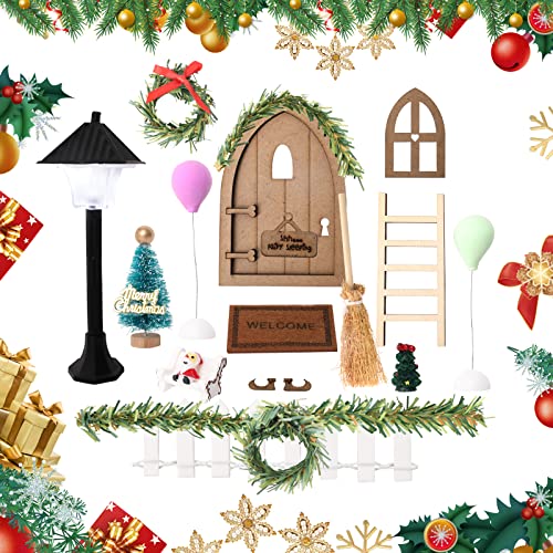 SOARFLY Ensemble de porte de lutin de Noël,Décoration de Noël,Avec accessoires,Couronne décorative,Échelle en bois,Tapis miniature,Mobilier de jardin,Décoration de Noël danoise pour enfants Cover