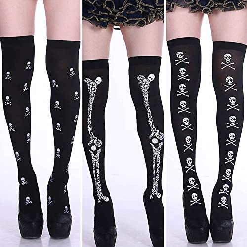 SYJY Femmes Halloween Bas 3 Paires Hauts Longs Bas sur Genou Chaussettes pour Cosplay Déguisements Fête d'halloween, Motif Squelette Cover
