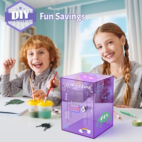 Image of Clear Piggy Bank for Adults Kids, Large Acrylic Piggy Bank Money Saving Box for Cash Saving with Key, Openable Clear Acrylic Savings Jar for Real Money (Purple)