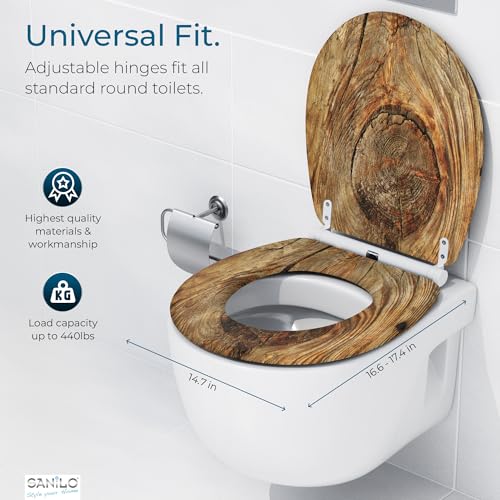 Image of Sanilo Wooden Toilet Seat with Quick Release & Soft Close [ROUND] - Decorative & Slow Close Molded Wood Seat - With One Click for Easy Installation & Cleaning - With Adjustable Fit (Rustic)