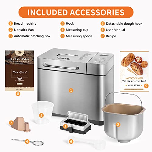 Bread Maker Machine KITCANIS, 2.2LB Stainless Steel Bread Machine, 15H Timer&1H Keep Warm, Sourdough, Gluten-Free, Dough Maker, Bread Making Machine with Nonstick Pan, Recipes, 650W