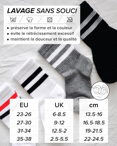 vitsocks Chaussette sport BAMBOU anti ampoule tennis Enfant (4 PAIRES) garçon fille mi-haute skate rayures, lot 1: blanc noir gris, 27-30 – vue 7
