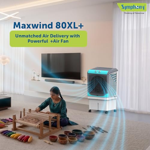 Image of Symphony Maxwind 80XL+ Desert Air Cooler | CFD Technology | 3-Side Honeycomb Pads | 80L | Easy-Fill | Powerful Air Throw | Easy Mobility | 1Year Warranty